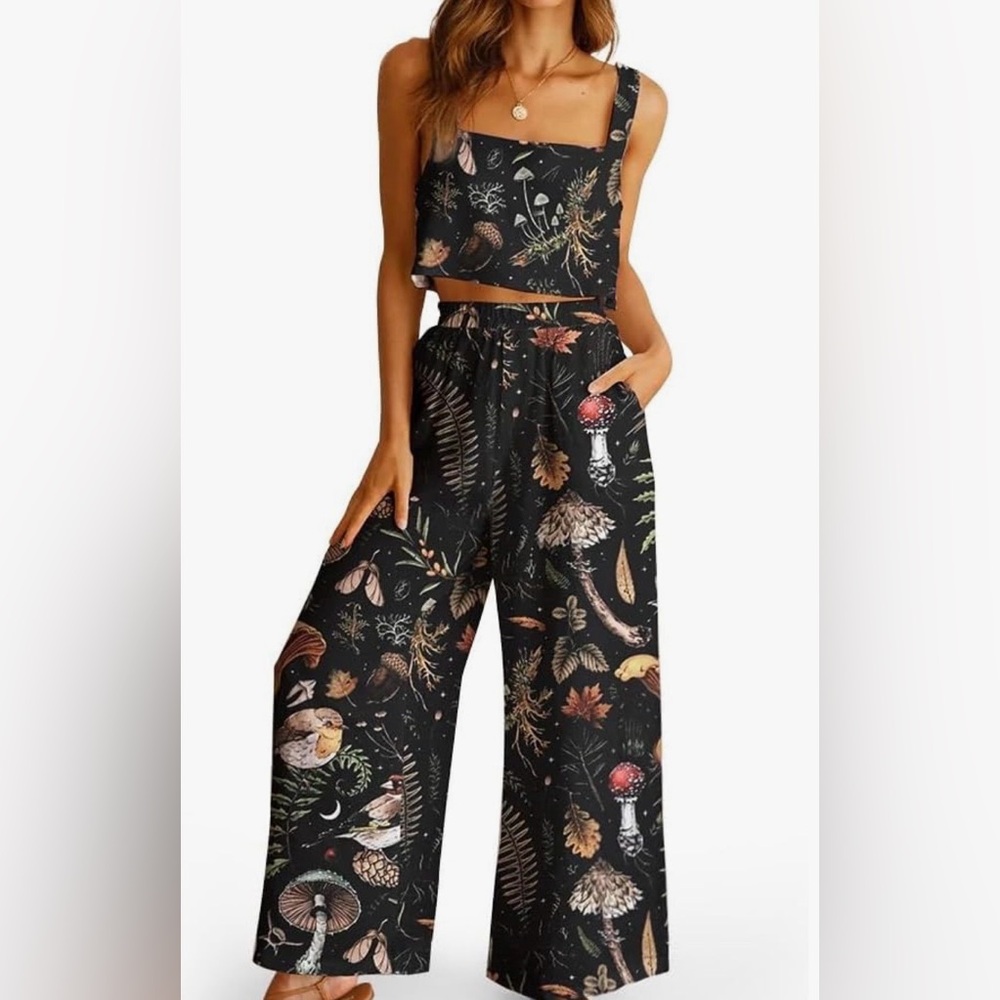 Black Botanical Wide-Leg Jumpsuit with Strappy Crop Top